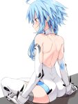  1girl ahoge aisu_(icicleshot) ass back bare_shoulders blush breasts elbow_gloves from_behind gloves hair_between_eyes leotard light_blue_hair neptune_(series) power_symbol red_eyes short_hair_with_long_locks sitting small_breasts solo symbol-shaped_pupils thighhighs white_gloves white_heart white_legwear white_leotard 