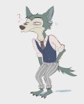  2021 3_toes ? absurd_res anthro bags_under_eyes barefoot beastars black_nose bottomwear canid canine canis claws clothed clothing countershade_face countershading dress_shirt fangs feet fur grey_body grey_fur hand_in_pocket hi_res inner_ear_fluff legoshi_(beastars) male mammal narrowed_eyes necktie pants pattern_bottomwear pattern_clothing pattern_pants pockets school_uniform shirt signature slouching solo standing striped_bottomwear striped_clothing striped_pants stripes tired toe_claws toes topwear tuft uniform vest vurrus wolf 