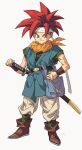  1boy artist_name bag belt black_belt black_footwear black_shirt blue_eyes blue_tunic boots bracer carrying chrono_trigger closed_mouth commentary_request crono_(chrono_trigger) hand_on_hip headband holding holding_sword holding_weapon hosodayo katana looking_at_viewer male_focus orange_bandana pants red_hair satchel shirt short_hair short_sleeves signature simple_background smile spiked_hair standing sword tunic weapon white_background white_headband white_pants 