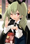  1girl anchovy_(girls_und_panzer) anzio_school_uniform bag bangs barashiya black_cape black_neckwear black_ribbon black_skirt cape commentary dress_shirt drill_hair eyebrows_visible_through_hair girls_und_panzer green_hair hair_ribbon heart highres holding holding_bag indoors long_hair long_sleeves looking_at_viewer miniskirt necktie one_eye_closed open_mouth pleated_skirt red_eyes ribbon school_uniform shirt skirt smile solo standing twin_drills twintails valentine white_shirt wing_collar 