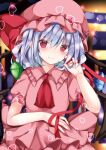  2girls back-to-back bat_wings blue_hair blurry blurry_background blush bokeh bow closed_mouth commentary_request crystal depth_of_field dress eyebrows_visible_through_hair flandre_scarlet flat_chest frilled_shirt_collar frills hair_between_eyes hand_in_hair hand_up hat hat_bow holding holding_ribbon indoors looking_at_viewer mob_cap multiple_girls nanase_nao pink_dress pink_eyes pink_headwear puffy_short_sleeves puffy_sleeves red_bow red_ribbon remilia_scarlet ribbon short_hair short_sleeves smile solo_focus sparkle touhou upper_body v-shaped_eyebrows wings 