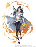 1girl black_eyes black_hair cape crossover fire full_body gloves holding holding_sword holding_weapon izawa_shizue ji_no long_hair looking_at_viewer mask mask_on_head official_art sinoalice smile solo square_enix sword tensei_shitara_slime_datta_ken torn_cape torn_clothes weapon white_background white_gloves 