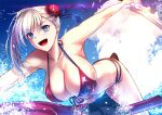  1girl akeyama_kitsune american_flag_bikini bangs bikini blue_eyes blue_sky blush breasts bun_cover cleavage collarbone fate/grand_order fate_(series) flag_print gunblade hair_bun hair_ribbon jet_ski large_breasts leaning_forward long_hair miyamoto_musashi_(fate) miyamoto_musashi_(swimsuit_berserker)_(fate) pink_hair ribbon side_bun sky smile swept_bangs swimsuit thighs water weapon 