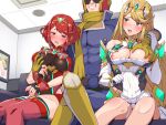  1boy 2girls blush boris_(noborhys) breast_grab breasts captain_falcon casting_couch couch f-zero gloves grabbing groping helmet highres multiple_girls mythra_(xenoblade) nipple_slip nipples open_mouth pyra_(xenoblade) smile super_smash_bros. tiara xenoblade_chronicles_(series) xenoblade_chronicles_2 