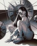  1girl bare_legs between_legs cable clock clock_hands crossed_arms english_commentary fingernails full_body gantz greyscale hand_between_legs highres leotard long_hair looking_at_viewer mitch_mohrhauser monochrome nose realistic shimohira_reika sidelighting sitting soles solo toes 
