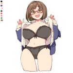  1girl bangs black_bra black_panties bra breasts brown_hair color_guide earrings flashing glasses green_eyes idolmaster idolmaster_cinderella_girls idolmaster_cinderella_girls_starlight_stage jacket jewelry large_breasts maekawa_miku medium_hair no_pants panties school_uniform shirt toriga_naku underwear undressing white_shirt 