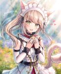  1girl animal_ears bangs blonde_hair blurry blurry_background blush cat_ears cat_tail commission detached_sleeves eyebrows_visible_through_hair facial_mark fang final_fantasy final_fantasy_xiv food green_eyes highres jewelry looking_at_viewer miqo&#039;te mirukurim open_mouth ponytail ring skin_fang slit_pupils solo tail upper_body whisker_markings 