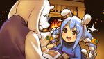  2girls :d ^_^ animal_ear_fluff animal_ears bangs black_eyes blue_hair blue_shirt blush book bow braid breasts bright_pupils bunny-shaped_pupils bunny_ears bunny_tail carrot_hair_ornament closed_eyes commentary_request dress extra_ears eyebrows_visible_through_hair fangs fireplace food_themed_hair_ornament glasses gradient gradient_background hair_bow hair_ornament highres hikosan hololive horns indoors long_hair long_sleeves looking_at_another multicolored_hair multiple_girls no_nose open_book open_mouth orange_background profile purple_dress shirt sidelocks simple_background skin_fangs small_breasts smile sparkle tail thick_eyebrows toriel twin_braids twintails two-tone_hair undertale upper_body usada_pekora vest virtual_youtuber white_bow white_hair white_pupils wide_sleeves 