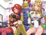  1boy 2girls blush boris_(noborhys) breast_grab breasts captain_falcon casting_couch couch f-zero gloves grabbing groping helmet highres multiple_girls mythra_(xenoblade) nipple_slip nipples open_mouth pyra_(xenoblade) smile super_smash_bros. tiara xenoblade_chronicles_(series) xenoblade_chronicles_2 