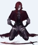  1boy belt black_footwear boots capelet coat cravat hair_over_one_eye highres kneeling long_hair looking_at_viewer male_focus nat_the_lich original pale_skin pants red_eyes red_hair renard_beauchene_(nat_the_lich) solo sword thigh_boots thighhighs weapon white_pants 