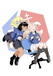  3girls :d andou_(girls_und_panzer) bangs bc_freedom_(emblem) bc_freedom_military_uniform bc_freedom_school_uniform black_dress black_footwear black_hair black_legwear blue_cardigan blue_jacket blue_vest boots brown_eyes cardigan chair commentary_request dark_skin dark_skinned_female dress dress_shirt eating emblem food girls_und_panzer grin half-closed_eyes high_collar highres holding holding_food holding_plate hug hug_from_behind jacket knee_boots loafers long_sleeves looking_to_the_side marie_(girls_und_panzer) medium_hair messy_hair military military_uniform miniskirt mont_blanc_(food) multiple_girls office_chair open_mouth oshida_(girls_und_panzer) partial_commentary pinafore_dress plate pleated_dress pleated_skirt pushing school_uniform shinkuukan_(tetsuo3) shirt shoes short_dress sitting skirt smile socks standing sweater_around_neck uniform vest white_shirt white_skirt 