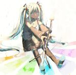  1girl black_skirt blue_eyes blue_hair blue_neckwear boots collared_shirt commission detached_sleeves grey_shirt hatsune_miku highres i7 knee_boots long_hair looking_ahead microphone_stand necktie open_hands shirt sitting skeb_commission skirt sleeveless sleeveless_shirt solo twintails very_long_hair vocaloid 