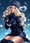  1girl artist_name black_legwear blonde_hair blue_eyes eyelashes fur_hat fur_trim gloves hat heart highres kolin lixin_wang long_hair looking_at_viewer parted_lips russian_clothes sitting snow snowing solo street_fighter street_fighter_v thighhighs thighs ushanka wavy_hair 