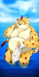  2020 anthro belly blush bulge felid feline gomdepp humanoid_hands kemono male mammal moobs nipples ose_(tas) outside overweight overweight_anthro overweight_male solo tokyo_afterschool_summoners towel video_games water 