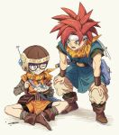  1boy 1girl artist_name bad_id bad_twitter_id bag bangs belt bike_shorts black-framed_eyewear black_belt black_footwear black_shirt black_shorts blue_eyes blue_tunic boots bracer brown_belt brown_headwear butterfly_sitting carrying chrono_trigger crono_(chrono_trigger) glasses grey_shirt grin hands_on_own_knees headband headset helmet holding_screwdriver hosodayo katana leaning_forward long_sleeves looking_at_another lucca_ashtear model_spacecraft one_eye_closed open_mouth orange_bandana orange_tunic pants pouch purple_hair red_hair satchel shirt short_hair short_sleeves shorts signature sitting smile spiked_hair standing sword symbol_commentary weapon white_headband white_pants 
