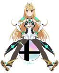  1girl absurdres artist_name blonde_hair detached_sleeves hands_on_hips highres long_hair looking_at_viewer myahogao mythra_(xenoblade) simple_background sitting smash_ball spread_legs super_smash_bros. tiara xenoblade_chronicles_(series) xenoblade_chronicles_2 yellow_eyes 