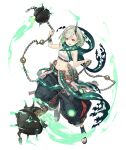  1girl :d bracelet breasts chain explosive eyebrows_visible_through_hair fire full_body green_hair horns jewelry ji_no little_match_girl_(sinoalice) looking_at_viewer midriff mine_(weapon) navel official_art open_mouth red_eyes sandals scarf short_hair single_horn sinoalice small_breasts smile solo transparent_background upper_teeth 