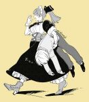  1boy 1girl bangs black_bow black_skirt bow carrying character_name corset from_side gloves hair_bow high_heels highres maid maid_headdress monochrome open_hand open_hands open_mouth original ponytail running skirt umishima_senbon white_gloves yellow_background 