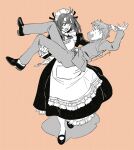  1boy 1girl apron bangs character_name formal hair_behind_ear highres maid maid_apron maid_headdress monochrome open_mouth orange_background original suit umishima_senbon v-shaped_eyebrows 