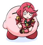  1girl armor bangs black_gloves blush blush_stickers circlet closed_eyes commentary_request crossover eyebrows_visible_through_hair fingerless_gloves full_body gloves kirby kirby_(series) light_blush o_o open_mouth paskmel pyra_(xenoblade) red_hair red_shirt scared shiny shiny_hair shirt short_hair shoulder_armor sidelocks simple_background super_smash_bros. swept_bangs tears upper_body vambraces vore wavy_mouth white_background xenoblade_chronicles_(series) xenoblade_chronicles_2 