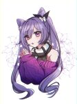  1girl bangs bare_shoulders bow breasts detached_sleeves double_bun eyebrows_visible_through_hair floral_background genshin_impact hair_bow hair_ornament hair_ribbon hands_together highres kenouo keqing_(genshin_impact) long_hair looking_at_viewer medium_breasts open_mouth purple_eyes purple_hair ribbon scarf simple_background solo sweater twintails white_background 