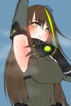  1girl armpits artist_name breasts brown_hair detached_sleeves girls_frontline gloves highres kinglluman large_breasts long_hair looking_at_viewer m4a1_(girls_frontline) mod3_(girls_frontline) multicolored_hair ribbed_sweater steaming_body streaked_hair sweat sweater yellow_eyes 
