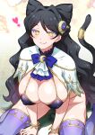  1girl black_hair breasts cat_tail cleavage collarbone commentary_request hair_intakes highres joy_ride kiratto_pri_chan large_breasts lips long_hair luluna_(pri_chan) pretty_(series) purple_legwear raised_eyebrows signature smile solo tail thighs yellow_eyes 