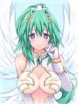  1girl aisu_(icicleshot) angel bare_shoulders blush breasts center_opening cleavage feathered_wings four_goddesses_online:_cyber_dimension_neptune gloves green_hair green_heart large_breasts leotard long_hair looking_at_viewer neptune_(series) ponytail power_symbol purple_eyes smile symbol-shaped_pupils white_gloves white_leotard wings 