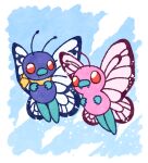  alternate_color animal_focus bandana blank_eyes blue_background border bug butterfly butterfree clothed_pokemon commentary_request fangs flying full_body gen_1_pokemon insect looking_at_another muguet no_humans pokemon pokemon_(anime) pokemon_(classic_anime) pokemon_(creature) red_eyes shiny_pokemon simple_background sparkle white_border yellow_neckwear 