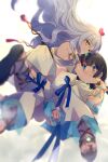  2girls armlet bangs bare_shoulders black_hair blue_eyes blue_ribbon blush bracelet breasts caren_hortensia caren_hortensia_(amor_caren) cis05 closed_mouth commentary_request dress eyebrows_visible_through_hair fate/grand_order fate/requiem fate_(series) floating floating_hair fundoshi gold_trim hair_between_eyes hair_ornament heart heart_hair_ornament hug japanese_clothes jewelry long_hair looking_at_viewer magatama magatama_hair_ornament multicolored_hair multiple_girls open_mouth pink_hair ribbon sandals short_dress short_hair sideboob sideless_outfit simple_background smile streaked_hair teeth twitter_username two-sided_fabric utsumi_erise wavy_hair white_background white_dress white_hair yellow_eyes 