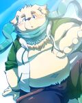  2021 4:5 absurd_res anthro belly blush bottomwear bulge canid canine canis clothed clothing cu_sith_(tas) debudave_12 domestic_dog hi_res hoodie humanoid_hands kemono male mammal open_clothing open_hoodie open_topwear overweight overweight_anthro overweight_male pants scarf sitting solo tokyo_afterschool_summoners topwear video_games 