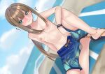 absurdres anklet arm_rest bangs beach beach_towel blue_shorts blush breasts brown_hair closed_mouth cloud day drawstring dutch_angle exhibitionism flip-flops full-face_blush fypuita green_eyes hair_between_eyes hair_over_one_eye heart highres idolmaster idolmaster_cinderella_girls jewelry knee_up long_hair male_swimwear male_swimwear_challenge navel necklace nervous nipples ocean outdoors ponytail sandals shibuya_rin shorts sidelocks sitting sky small_breasts smile solo swim_trunks swimwear topless towel translated very_long_hair watch wristwatch 