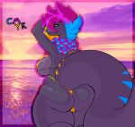  2021 alternate_version_at_source anthro areola areola_slip big_breasts big_butt bikini black_body black_scales blonde_hair blue_hair breasts butt camel_toe clothed clothing cloud countershade_torso countershading dinosaur eyelashes female hair hand_in_hair hi_res micro_bikini multicolored_hair non-mammal_breasts outside peachpunch11 pink_eyes pink_hair rear_view reptile scales scalie scarf sea side_boob skimpy sky solo spinosaurid spinosaurus standing stripes sunset swimwear text theropod thick_tail thick_thighs touching_hair water wavy_mouth 