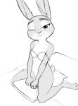  2021 anthro bottomless bra breasts cleavage clothed clothing disney female greyscale hi_res judy_hopps kneeling kobradraws lagomorph leporid looking_at_viewer mammal monochrome nude off_shoulder one_eye_closed pillow rabbit smile solo tired underwear zootopia 