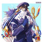  1boshi anthro avian beak blue_clothing blue_hat blue_headwear blue_topwear blush clothed clothing feathers hat headgear headwear holding_object horus_(tas) male police_uniform red_eyes solo sparkles tokyo_afterschool_summoners topwear uniform video_games white_body white_feathers 