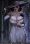  1girl alcina_dimitrescu black_hair breasts cleavage commentary curly_hair dress earrings flower hat highres huge_breasts jewelry large_hat luminyu nail_polish necklace red_nails resident_evil resident_evil_village short_hair smile solo white_dress 