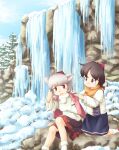  2girls animal_ears arm_behind_head bangs black_hair black_skirt blanket blue_sky calcmis_gowa cloud commentary_request day detached_sleeves eyebrows_visible_through_hair feet_out_of_frame foot_out_of_frame frozen hat highres ice inubashiri_momiji knee_up kneehighs kneeling leaf_print long_sleeves looking_back multiple_girls open_mouth outdoors parted_bangs pom_pom_(clothes) red_eyes red_headwear shameimaru_aya short_hair silver_hair sitting skirt sky smile snow socks tokin_hat touhou tree two-tone_shirt water waterfall white_legwear winter wolf_ears 