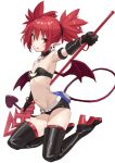  1girl :p bangle bangs belt black_choker black_footwear black_gloves black_shorts blush boots bracelet breasts choker disgaea earrings etna gloves hair_between_eyes high_heel_boots high_heels highres holding holding_weapon jewelry kneeling michitaro_smile pointy_ears polearm red_eyes red_hair short_shorts short_twintails shorts simple_background skull_earrings small_breasts solo spear tail thigh_boots thighhighs tongue tongue_out twintails weapon white_background white_belt wings 