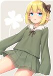 1girl blonde_hair blue_eyes blush bow brown_bow clover commentary elf four-leaf_clover green_shirt green_skirt hair_bow long_sleeves looking_at_viewer medium_hair miniskirt original outline parted_lips pleated_skirt pointy_ears sasaame shirt skirt sleeves_past_fingers sleeves_past_wrists solo twitter_username white_outline 