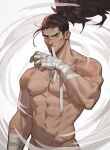  1boy abs amo9612 arm_wrap bandaged_arm bandaged_hands bandages bara black_hair blue_eyes facial_hair highres league_of_legends long_hair looking_at_viewer male_focus muscular mustache nipples nude pectorals ponytail scar scar_on_face scar_on_nose solo stubble tied_hair wind yasuo_(league_of_legends) 