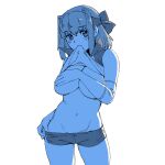  1girl bangs blue_theme breasts covering covering_breasts cowboy_shot elbow_pads eyebrows_visible_through_hair girls_und_panzer highres kondou_taeko large_breasts lifted_by_self looking_at_viewer medium_hair monochrome mouth_hold navel no_bra onsen_tamago_(hs_egg) pulled_by_self shirt shirt_in_mouth shirt_lift short_shorts shorts shorts_pull single_vertical_stripe sleeveless sleeveless_shirt solo sportswear standing volleyball_uniform 