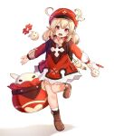  1girl :d ahoge backpack bag bangs bare_legs blonde_hair boots brown_footwear child dress genshin_impact hair_between_eyes hat hat_feather klee_(genshin_impact) knee_up looking_at_viewer low_twintails open_mouth pointy_ears red_dress red_eyes red_headwear short_dress sidelocks simple_background smile solo standing standing_on_one_leg twintails upper_teeth white_background zeroyama 
