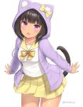  1girl :d animal_ears animal_hood arms_at_sides black_hair blush bow bowtie cat_ears cat_hood cat_tail cowboy_shot head_tilt hood hood_up jacket leaning_forward long_sleeves looking_at_viewer medium_hair miniskirt open_mouth original pleated_skirt purple_eyes purple_jacket sailor_collar sasaame school_uniform serafuku shirt simple_background skirt smile solo standing tail tail_raised twitter_username white_background white_shirt yellow_bow yellow_neckwear yellow_sailor_collar yellow_skirt 