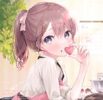  1girl apron bangs blue_eyes blurry blurry_background blush bow brown_hair calendar_(object) chocolate collared_shirt commentary depth_of_field earrings english_commentary eyebrows_visible_through_hair food food_on_face hair_between_eyes hair_bow hair_ornament hairclip hand_up heart heart_earrings holding holding_food hoshino_ruru jewelry looking_at_viewer looking_to_the_side mixing_bowl original pink_apron pink_bow ponytail shirt short_sleeves solo valentine watermark web_address white_shirt x_hair_ornament 