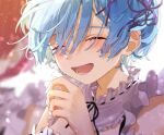  1girl artist_name bangs black_neckwear blue_hair blurry blurry_background blush bokeh close-up closed_eyes commentary_request depth_of_field face facing_viewer flower_knot frills hair_ornament hand_up happy highres laughing maid neck_ribbon open_mouth portrait re:zero_kara_hajimeru_isekai_seikatsu rem_(re:zero) ribbon ribbon_trim roswaal_mansion_maid_uniform short_hair smile solo x_hair_ornament yuzouni 