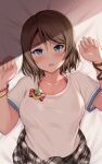  1girl bangs blue_eyes blush breasts eyebrows_visible_through_hair grey_hair highres looking_at_viewer love_live! love_live!_sunshine!! lying medium_breasts on_back on_bed open_mouth reminiscence202 shirt short_hair solo watanabe_you 
