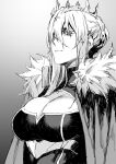  1girl artoria_pendragon_(all) artoria_pendragon_(lancer)_(fate) braid breasts cape cleavage crown expressionless fate/grand_order fate_(series) french_braid fur-trimmed_cape fur_trim grey_background greyscale hair_between_eyes highres kyo-ani_love large_breasts monochrome short_hair solo upper_body 
