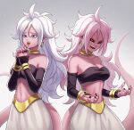  2girls android_21 black_gloves black_nails black_sclera blue_eyes bracelet breasts cleavage collarbone colored_sclera colored_skin dragon_ball dragon_ball_fighterz dual_persona ear_piercing earrings elbow_gloves evil_smile facing_viewer fingernails frown furrowed_eyebrows gloves grey_background hands_clasped hands_up highres hoop_earrings jewelry light_particles long_hair looking_afar majin_android_21 medium_breasts midriff multiple_girls navel open_mouth own_hands_together pants piercing pink_skin red_eyes shaded_face side-by-side simple_background smile spiked_hair standing strapless tail teeth tubetop upper_body upper_teeth white_hair white_pants yuko666 