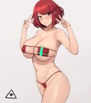  1girl bangs bare_shoulders bikini breasts closed_mouth commentary cowboy_shot donburikazoku double_v eyepatch_bikini grey_background hands_up highres large_breasts looking_at_viewer navel pyra_(xenoblade) red_bikini red_hair simple_background skindentation solo standing strapless strapless_bikini string_bikini super_smash_bros. swept_bangs swimsuit thighs twisted_torso underboob v xenoblade_chronicles_(series) xenoblade_chronicles_2 