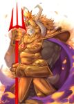  anthro armor asgore_dreemurr beard blonde_hair boss_monster bovid cape caprine clothed clothing crown eyes_closed facial_hair fur hair hi_res holding_object holding_trident holding_weapon horn male mammal melee_weapon muscular muscular_anthro muscular_male petals polearm rabbity solo trident undertale video_games weapon white_body white_fur 